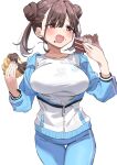  1girl absurdres blush breasts brown_hair cake cake_slice chocolate_cake collarbone cow double_bun doughnut food food_on_face hair_bun haruyuki_(gffewuoutgblubh) highres holding holding_food idolmaster idolmaster_shiny_colors jacket large_breasts logo pants partially_unzipped simple_background solo sonoda_chiyoko thigh_gap track_jacket track_pants twintails white_background 
