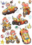  1girl absurdres banana_peel bangs bicycle blue_eyes blue_shell_(mario) bob-omb boo_(mario) brown_hair car coin crown dress earrings fire_flower flower_earrings gloves green_shell_(mario) ground_vehicle highres jewelry mario_(series) mario_kart mario_kart_wii medium_hair motor_vehicle motorcycle multiple_views orange_car parted_bangs princess_daisy puffy_short_sleeves puffy_sleeves rakugaki_shitagari-ya red_shell_(mario) short_sleeves simple_background sketch starman_(mario) steering_wheel super_mushroom vehicle_focus white_background white_gloves wings yellow_dress 