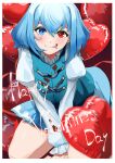  1girl :q absurdres bangs blue_eyes blue_hair blue_skirt blue_vest chocolate closed_mouth cross-laced_clothes english_text food_on_clothes happy_valentine heart heterochromia highres juliet_sleeves long_sleeves looking_at_viewer puffy_sleeves red_eyes shirt short_hair skirt smile solo tatara_kogasa tongue tongue_out touhou urizaku3 valentine vest white_shirt 