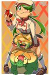  1girl apple appletun apron argyle argyle_background ascot blush_stickers breasts brown_footwear brown_headwear eating food fruit green_eyes green_hair highres holding holding_food holding_fruit kneehighs looking_at_viewer mallow_(palentine&#039;s_2023)_(pokemon) mallow_(pokemon) official_alternate_costume one_eye_closed pokemon pokemon_(creature) pokemon_(game) pokemon_masters_ex signature socks twintails you_bird 