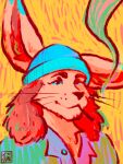  anthro big_ears blue_clothing blue_eyes blue_hat blue_headwear canid canine clothing colored colorful confident digital_media_(artwork) digital_painting_(artwork) ear_markings ear_tuft easy_smile fan_character fennec fox hair hat headgear headwear hi_res junipersketch long_hair male mammal simple_background simple_eyes smoking solo tuft whiskers yellow_background 