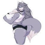  alldropped anthro big_breasts blue_eyes bottomwear bra breasts canid canine canis cleavage clothed clothing collar curvy_figure female fingers fur gezo_(alldropped) grey_body grey_fur grey_hair hair hi_res huge_breasts long_hair mammal shirt shorts solo tongue topwear underwear wolf 