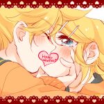  ahoge bangs blonde_hair blush cardigan censored close-up closed_eyes ear_blush eyelashes face-to-face framed grabbing_another&#039;s_chin grey_sailor_collar hair_ornament hairclip hand_on_another&#039;s_chin happy_valentine heart heart_censor kagamine_len kagamine_rin kiss lace mimi_mine open_mouth orange_cardigan sailor_collar spiked_hair swept_bangs vocaloid 