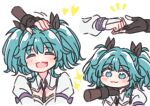  2girls :3 :d =_= akamirai aqua_eyes assault_lily bangs black_gloves black_necktie black_ribbon closed_mouth collared_shirt commentary cropped_torso disembodied_limb facing_viewer fang fingerless_gloves gloves hair_ribbon hand_on_another&#039;s_chin hand_on_another&#039;s_head headpat heart hishida_haru holding_hands juliet_sleeves long_sleeves looking_at_another medium_hair motion_lines multiple_girls multiple_views necktie no_pupils notice_lines odaiba_girls_high_school_uniform open_mouth out_of_frame puffy_sleeves purple_ribbon ribbon school_uniform shirt simple_background sleeve_ribbon smile solo_focus sparkle stroking_another&#039;s_chin suzuki_chinami twintails upper_body white_background white_shirt 