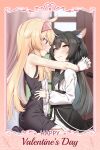  2girls @ichigo ahoge animal_ear_fluff animal_ears armpits bare_shoulders black_hair black_ribbon blonde_hair blush cat_ears cat_girl cat_tail closed_mouth curtains dress eye_contact framed from_side gloves hair_ribbon hairband happy_valentine highres hug indoors kneeling little_witch_nobeta long_hair looking_at_another multiple_girls nobeta official_art phyllis_(human)_(little_witch_nobeta) phyllis_(little_witch_nobeta) profile red_eyes ribbon short_eyebrows sitting sleeveless sleeveless_dress slit_pupils smile tail two-tone_dress valentine wavy_mouth white_gloves window yellow_eyes yuri 