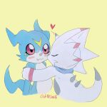  anthro bandai_namco bandanna black_claws blue_body blush claws digimon digimon_(species) digimon_ghost_game dr4k0n616 duo gammamon hi_res horn kerchief kissing_cheek male male/male red_eyes scalie veemon white_body 