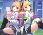  2girls absurdres animal_ear_headphones animal_ears aqua_bow black_thighhighs blonde_hair blue_archive blue_necktie bow cat_ear_headphones closed_mouth collared_shirt controller fake_animal_ears game_controller green_eyes hair_bow halo headphones highres holding holding_controller holding_game_controller jacket jacket_partially_removed long_sleeves midori_(blue_archive) momoi_(blue_archive) multiple_girls necktie off_shoulder open_mouth pink_eyes red_bow shirokuma_(zeroillya) shirt siblings sisters sitting sweat thighhighs thighs twins white_shirt wide_sleeves 
