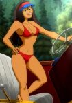  :d anime_screencap barefoot bikini boat breasts character_request hand_on_hip highres looking_at_viewer medium_breasts navel non-web_source red_bikini scooby-doo smile standing steering_wheel swimsuit thighs watercraft 