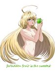  1girl :d absurdly_long_hair absurdres adankelmo_(langrisser) antenna_hair apple blonde_hair blue_eyes breasts cleavage collarbone completely_nude cropped_torso english_text food fruit green_apple hair_censor highres holding holding_food holding_fruit langrisser langrisser_mobile long_hair medium_breasts navel nude open_mouth simple_background smile solo tsukiyuki_mike very_long_hair white_background 
