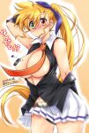  1girl artist_name bare_shoulders between_breasts black_panties blonde_hair blush breasts dated hair_ribbon heterochromia highres large_breasts long_hair looking_at_viewer lyrical_nanoha mahou_shoujo_lyrical_nanoha_vivid miniskirt navel necktie necktie_between_breasts no_bra open_mouth panties pantyshot ponytail popped_button ribbon san-pon skirt solo underwear vivid_strike! vivio wardrobe_malfunction 