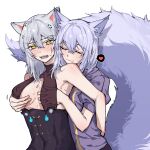  2girls anger_vein animal_ears arknights bangs bare_shoulders black_dress blush breast_grab closed_eyes closed_mouth covered_navel covered_nipples dress drlee_lili grabbing grabbing_from_behind grey_hair highres large_tail long_hair mole mole_under_mouth motion_lines multiple_girls open_mouth provence_(arknights) purple_hair purple_shirt scavenger_(arknights) shirt short_sleeves simple_background sleeveless sleeveless_dress tail upper_body white_background wolf_ears wolf_girl wolf_tail yellow_eyes yuri 