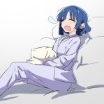  1girl alternate_costume bangs bed blue_hair blunt_bangs bocchi_the_rock! closed_eyes commentary commentary_request highres holding holding_pillow mole mole_under_eye nose_bubble oekakiism open_mouth pajamas pillow purple_pajamas short_hair sidelocks simple_background sitting sleeping sleeping_upright solo white_background yamada_ryou 