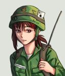  1girl ace_of_spades bangs brown_hair chainsaw_man family_burger_mascot_(chainsaw_man) field_radio firex flak_jacket hair_ornament hairclip helmet higashiyama_kobeni highres jacket military military_uniform name_tag peace_symbol red_eyes shirt side_ponytail soldier spade_(shape) swept_bangs uniform vietnam_war white_shirt 