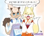 2girls :3 animal_ear_fluff animal_ears animal_nose artist_name bangs blonde_hair blue_eyes blue_hakama blue_trim blush body_fur breasts bright_pupils brown_fur brown_hair closed_mouth clothing_cutout commentary_request cowboy_shot facial_mark facing_viewer fang flat_chest flat_color fox_ears fox_girl fox_tail furry furry_female hakama half-closed_eyes hand_on_hip hand_up happy japanese_clothes kame_(3t) kimono long_sleeves looking_at_viewer medium_breasts miko multiple_girls obi open_mouth orange_hakama orange_trim original outline own_hands_together raccoon_ears raccoon_girl raccoon_tail rin-chan_(kame_(3t)) sash short_hair shoulder_cutout signature simple_background smile snout speech_bubble standing swept_bangs tail talking thick_eyebrows tongue topknot translation_request two-tone_fur v_arms waving white_fur white_kimono white_outline white_pupils wide_sleeves yellow_fur yun-chan_(kame_(3t)) 