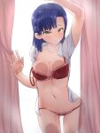  against_glass against_wall blue_hair bra braid breast_press breasts_on_glass commentary curtains dark_blue_hair highres idolmaster idolmaster_million_live! idolmaster_million_live!_theater_days loeldrive midriff nanao_yuriko navel panties red_bra red_panties underwear 