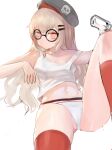  asymmetrical_legwear bangs bare_arms bare_shoulders beret black-framed_eyewear blonde_hair character_print closed_mouth dokomon feet_out_of_frame girls&#039;_frontline glasses grey_headwear hair_ornament hairclip hat highres long_hair navel orange_eyes panties red_socks red_thighhighs round_eyewear sans simple_background single_sock single_thighhigh socks strap_slip tank_top thighhighs type_80_(girls&#039;_frontline) undertale underwear underwear_only very_long_hair white_background white_panties white_tank_top 