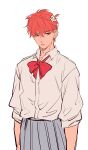  1boy absurdres arms_at_sides bangs bow bowtie closed_mouth collared_shirt cowboy_shot crossdressing dress_shirt earrings flower flower_earrings grey_skirt hair_flower hair_ornament highres jewelry looking_at_viewer male_focus red_bow red_bowtie red_eyes red_hair sakuragi_hanamichi school_uniform shirt short_hair simple_background sketch skirt slam_dunk_(series) solo two_side_up u-min white_background white_flower white_shirt 