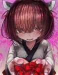  1girl bandaid bandaid_on_hand bangs blade blush bob_cut bow box brown_hair furrowed_brow gift hair_over_eyes hair_ribbon headgear heart heart-shaped_box heart-shaped_pupils heart_background highres holding holding_gift incoming_gift japanese_clothes kimono long_bangs long_sleeves looking_at_viewer microa nervous_smile nose_blush pink_background pink_nails pink_ribbon red_bow red_eyes ribbon short_hair short_twintails smile solo symbol-shaped_pupils too_many_bandaids touhoku_kiritan twintails upper_body upturned_eyes valentine voiceroid wavy_mouth white_kimono 