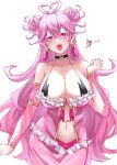  1girl asmodeus_amaryllis blush breasts cleavage commentary_request earrings eyelashes happy highres jewelry kagachi_118 large_breasts long_hair looking_at_viewer mairimashita!_iruma-kun navel pink_eyes pink_hair pointy_ears signature simple_background smile solo standing white_background 