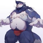  2021 5_fingers absurd_res anthro barazoku belly big_muscles black_nose blue_body blue_fur blue_hair blush body_hair bulge canid canine canis claws clothed clothing disembodied_hand duo eyebrows fingers fur hair happy_trail hi_res humanoid_hands male mammal merfiller merphilox_bigwolf multicolored_body multicolored_fur musclegut muscular muscular_anthro muscular_male nipples pec_grab pink_nipples red_eyes simple_background solo_focus standing thick_eyebrows thick_thighs topless two_tone_body two_tone_fur underwear underwear_only white_background white_body white_claws white_fur wolf 