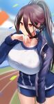  1girl absurdres black_choker black_hair blue_archive blush choker collarbone day gym_shirt gym_shorts gym_uniform hair_between_eyes hasumi_(blue_archive) hasumi_(gym_uniform)_(blue_archive) highres jacket keita_(kmfirstday) long_hair mole mole_under_eye official_alternate_costume outdoors partially_unzipped ponytail red_eyes shirt shorts smile solo thighs track_jacket wiping_sweat 