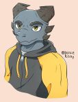  2020 anthro biskierisky bust_portrait cheek_spikes clothed clothing drawstring facial_spikes front_view hi_res hood hoodie horn kobold looking_at_viewer male portrait risky_(biskierisky) scalie shirt simple_background smile solo spikes spikes_(anatomy) tan_background topwear undershirt zipper 