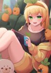  1girl :d black_shirt blonde_hair blush couch fang green_eyes hairband handheld_game_console highres holding holding_handheld_game_console hololive jacket knees_up long_hair looking_at_viewer loungewear momosuzu_nene nekko_(momosuzu_nene) nintendo_switch official_alternate_costume on_couch open_clothes open_jacket open_mouth orange_hairband orange_jacket orange_shorts shirt short_sleeves shorts sitting skin_fang smile solo_focus t-shirt typho virtual_youtuber 