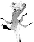  1girl absurdres arms_behind_head brashear_lushert breasts covered_navel curly_hair dress floating_clothes greyscale highres looking_at_viewer medium_hair monochrome one-punch_man simple_background solo tatsumaki white_background 