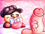  animal_genitalia bed big_penis blue_bow blue_eyes blush bodily_fluids boots bow_(disambiguation) brown_boots brown_clothing brown_footwear brown_shoes clothing cum footwear furniture genital_fluids genitals hat headgear headwear hi_res kirby kirby_(series) nintendo penis pink_background puffylover69 shoes simple_background waddling_head white_bed yellow_body yellow_skin 