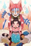  ! 1boy 1girl aged_down akaza_(kimetsu_no_yaiba) animal_ears animal_feet artist_name bare_arms bare_shoulders barefoot bead_anklet black_hair blue_kimono blush child claw_pose colored_eyelashes extra_ears eyelashes facial_mark facial_tattoo fangs female_child flower-shaped_pupils fox_boy fox_ears fox_tail full-body_tattoo hair_bun hair_pulled_back hand_up hands_up highres hitodama japanese_clothes jiuyu0 kemonomimi_mode kimetsu_no_yaiba kimono koyuki_(kimetsu_no_yaiba) long_sleeves looking_at_viewer multiple_tails nihongami ofuda open_mouth pants pink_hair pink_kimono polka_dot polka_dot_kimono raccoon_ears raccoon_girl raccoon_tail red_eyes red_nails sharp_toenails short_hair simple_background single_hair_bun sitting sitting_on_lap sitting_on_person sleeveless spoken_exclamation_mark spoken_lightning_bolt symbol-shaped_pupils tail tattoo toenails two-tone_kimono updo white_background wide_sleeves yellow_eyes 