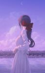  1girl bow breasts bridge cloud commentary crescent crescent_moon dress dress_bow facing_away from_side hair_bow hiera12 highres landscape large_breasts long_hair long_sleeves looking_afar medium_breasts moon original outdoors ponytail purple_hair purple_sky purple_theme red_bow scenery solo symbol-only_commentary twilight very_long_hair wavy_hair white_bow white_dress 