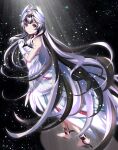  1girl bangs bare_shoulders black_choker black_hair breasts choker dress feather_hair_ornament feathers fire_emblem fire_emblem_engage full_body grey_hair hair_ornament highres kakiko210 long_hair looking_at_viewer multicolored_hair own_hands_clasped own_hands_together petite purple_eyes small_breasts smile solo two-tone_hair very_long_hair veyle_(fire_emblem) wavy_hair 