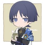  1boy armor bangs black_bow black_shirt blue_eyes blue_hair blue_sash blue_vest blunt_ends bow bright_pupils chibi chinikuniku cup dark_blue_hair genshin_impact holding holding_cup japanese_armor jewelry kote kurokote obi open_clothes open_vest parted_bangs ring sash scaramouche_(genshin_impact) shirt short_hair short_sleeves sleeveless sleeveless_shirt solo steam tea teacup turtleneck two-tone_vest vest vision_(genshin_impact) wanderer_(genshin_impact) white_background white_pupils white_vest yellow_background 