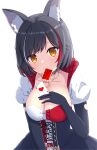  1girl absurdres ace_of_hearts animal_ear_fluff animal_ears black_dress black_gloves black_hair blush breasts card center_frills cleavage commentary_request dress elbow_gloves frills gloves hand_on_own_chest heart highres holding holding_card hololive jewelry large_breasts light_smile mouth_hold multicolored_hair necklace official_alternate_costume official_alternate_hair_length official_alternate_hairstyle ookami_mio playing_card puffy_short_sleeves puffy_sleeves red_hair short_hair short_sleeves simple_background solo streaked_hair tarakore_sauce virtual_youtuber white_background wolf_ears yellow_eyes 