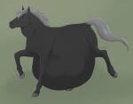  ambiguous_gender artist_name belly big_belly blue_eyes dark_body feral full-length_portrait glistening glistening_eyes green_background grey_body grey_hooves grey_mane grey_tail hooves huge_belly mane mouth_closed neck_bulge portrait roobin side_view simple_background solo 