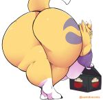  absurd_res bandai_namco bent_over big_breasts big_butt breasts butt butt_focus chubby_female digimon digimon_(species) featureless_breasts female fur hi_res overweight overweight_female presenting presenting_hindquarters renamon saintdraconis simple_background solo yellow_body yellow_fur 