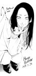  1girl absurdres blush character_request commentary_request dated finger_to_mouth greyscale happy_birthday highres long_hair long_sleeves looking_at_viewer monochrome original real_life selfie simple_background sleeves_past_wrists solo squatting sweater v vice_(kuronekohadokoheiku) 