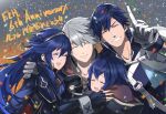  2boys 2girls anniversary armor bangs black_robe blue_gloves blue_hair blush cape chrom_(fire_emblem) closed_eyes closed_mouth commentary_request confetti father_and_daughter fingerless_gloves fire_emblem fire_emblem_awakening fire_emblem_heroes gloves grandfather_and_granddaughter grey_gloves grin hair_between_eyes hood hood_down hooded_robe hug index_finger_raised long_hair long_sleeves lucina_(fire_emblem) morgan_(female)_(fire_emblem) morgan_(fire_emblem) mother_and_daughter multiple_boys multiple_girls nanathuika open_mouth robe robin_(fire_emblem) robin_(male)_(fire_emblem) short_hair shoulder_armor smile sweatdrop teeth tiara white_hair 