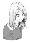  1girl blush commentary_request cropped_torso eyelashes greyscale highres looking_at_viewer medium_hair monochrome original shirt simple_background smile solo upper_body vice_(kuronekohadokoheiku) wavy_mouth 