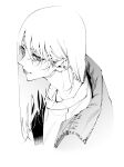  1girl commentary_request cropped_torso ear_piercing greyscale half-closed_eyes highres jacket light_smile lips long_hair looking_at_viewer monochrome open_clothes open_jacket original piercing sideways_glance simple_background solo sweater upper_body vice_(kuronekohadokoheiku) 
