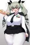  1girl anchovy_(girls_und_panzer) arm_at_side armorganger bangs belt blush commentary_request drill_hair food girls_und_panzer gradient_background green_hair grey_background hair_between_eyes highres holding holding_food long_hair long_sleeves looking_at_viewer necktie open_mouth pizza red_eyes shirt skirt solo sweatdrop thick_thighs thighs twin_drills twintails white_shirt wide_hips 