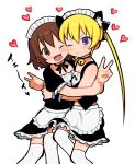  2girls alternate_costume animal_ears apron bangs bell black_dress black_ribbon black_shirt blonde_hair blue_eyes blush brown_eyes brown_hair cat_ears cheek-to-cheek closed_mouth dress embarrassed enmaided feet_out_of_frame frilled_apron frilled_dress frilled_ribbon frills frown hair_ribbon heads_together heart highres hug jingle_bell kemonomimi_mode kill_me_baby long_hair looking_at_viewer maid maid_apron maid_headdress meis_(terameisu) midriff_peek multiple_girls navel neck_bell neck_ribbon one_eye_closed open_mouth oribe_yasuna puffy_short_sleeves puffy_sleeves ribbon shirt short_dress short_hair short_sleeves simple_background sleeveless sleeveless_shirt smile sonya_(kill_me_baby) spaghetti_strap standing sweatdrop thighhighs twintails v white_background white_thighhighs wrist_cuffs 