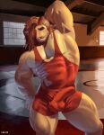  2023 abs anthro background_shot balls_outline biceps big_arms big_bulge big_muscles big_pecs blue_eyes brown_hair bulge clothed clothing detailed_bulge dkase erection erection_under_clothing felid fighting_ring flowing_hair fur genital_outline hair hair_over_eye hands_behind_head hi_res humanoid inside lion looking_at_viewer male mammal muscular muscular_anthro muscular_male one_eye_obstructed pantherine pecs penis_outline raised_arm red_clothing red_hair smile smirk solo tenting thick_thighs wrestler wrestling wrestling_outfit wrestling_singlet yellow_body yellow_fur 