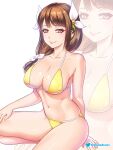  1girl bare_arms bare_shoulders bikini breasts brown_eyes brown_hair commentary etchimune fire_emblem fire_emblem_engage goldmary_(fire_emblem) hair_ribbon large_breasts long_hair looking_at_viewer navel pink_lips ribbon seiza simple_background sitting smile solo stomach swimsuit thighs white_background white_ribbon yellow_bikini zoom_layer 