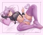  1girl animal_ear_fluff animal_ears artist_name bed_sheet black_choker black_hood blush breasts cameltoe cat_ears cat_girl cat_tail choker closed_mouth cropped_hoodie full_body hair_between_eyes hololive hood hoodie long_sleeves looking_at_viewer lying medium_breasts navel nekomata_okayu no_shoes panties pillow purple_eyes purple_hair purple_thighhighs seraziel smile solo tail thighhighs underwear virtual_youtuber white_panties 