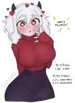  1girl ? amadeen blush breasts heart heart-shaped_pupils helltaker high-waist_skirt horns large_breasts looking_at_viewer modeus_(helltaker) red_eyes short_hair simple_background skirt solo sweater symbol-shaped_pupils turtleneck white_hair 