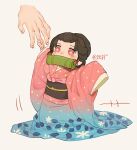  1girl age_regression aged_down alternate_universe arms_up artist_name bamboo bit_gag black_hair blue_kimono blush child female_child floral_print flower-shaped_pupils full_body gag gagged hair_pulled_back holding_another&#039;s_finger japanese_clothes jiuyu0 kimetsu_no_yaiba kimono koyuki_(kimetsu_no_yaiba) long_sleeves nihongami out_of_frame oversized_clothes pink_kimono polka_dot polka_dot_kimono red_eyes simple_background sleeves_past_fingers sleeves_past_wrists solo_focus symbol-shaped_pupils two-tone_kimono updo vine_print walking wide_sleeves 