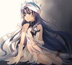  1girl bangs bare_legs bare_shoulders black_choker black_hair breasts choker dress feather_hair_ornament feathers fire_emblem fire_emblem_engage grey_hair hair_ornament leaf_(esabacoo) long_hair looking_at_viewer multicolored_hair petite purple_eyes sitting small_breasts solo two-tone_hair very_long_hair veyle_(fire_emblem) wavy_hair 