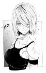  1girl absurdres collarbone expressionless greyscale hair_over_one_eye highres joints looking_at_viewer mole mole_under_mouth monochrome nier:automata nier_(series) robot_joints short_hair solo tank_top upper_body vice_(kuronekohadokoheiku) yorha_type_a_no._2 