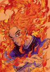 1boy artist_name blonde_hair blurry burning colored_tips demon_slayer_uniform f_rabbit fingernails fire floating_hair forked_eyebrows highres holding holding_sword holding_weapon katana kimetsu_no_yaiba long_hair long_sleeves looking_at_viewer male_focus multicolored_eyes multicolored_hair portrait red_eyes red_hair rengoku_kyoujurou sidelocks simple_background solo streaked_hair sword traditional_media weapon yellow_background yellow_eyes 